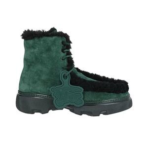 BURBERRY Green Chugga Suede & Shearling Boots with Black Fur Trim